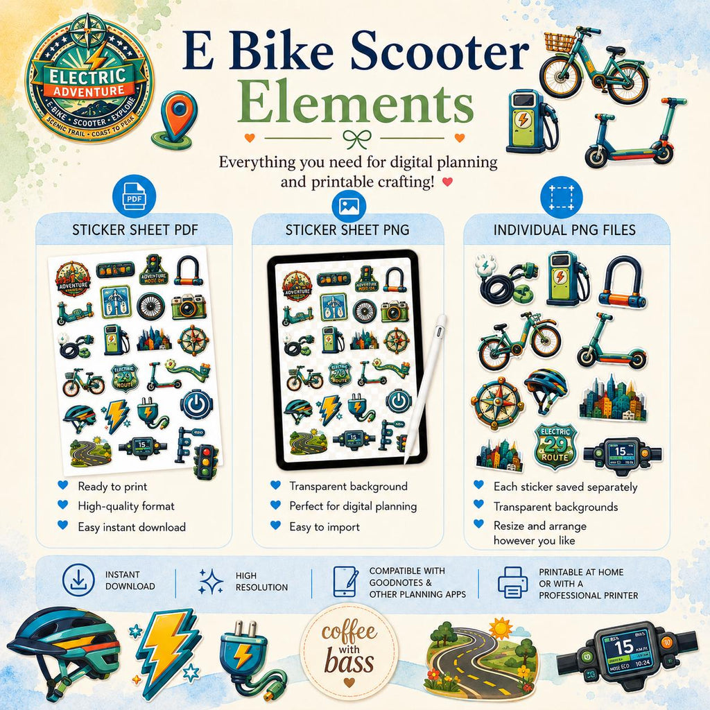 E Bike Scooter Elements PNG Clipart | Electric Mobility Planner Stickers (Digital Download)