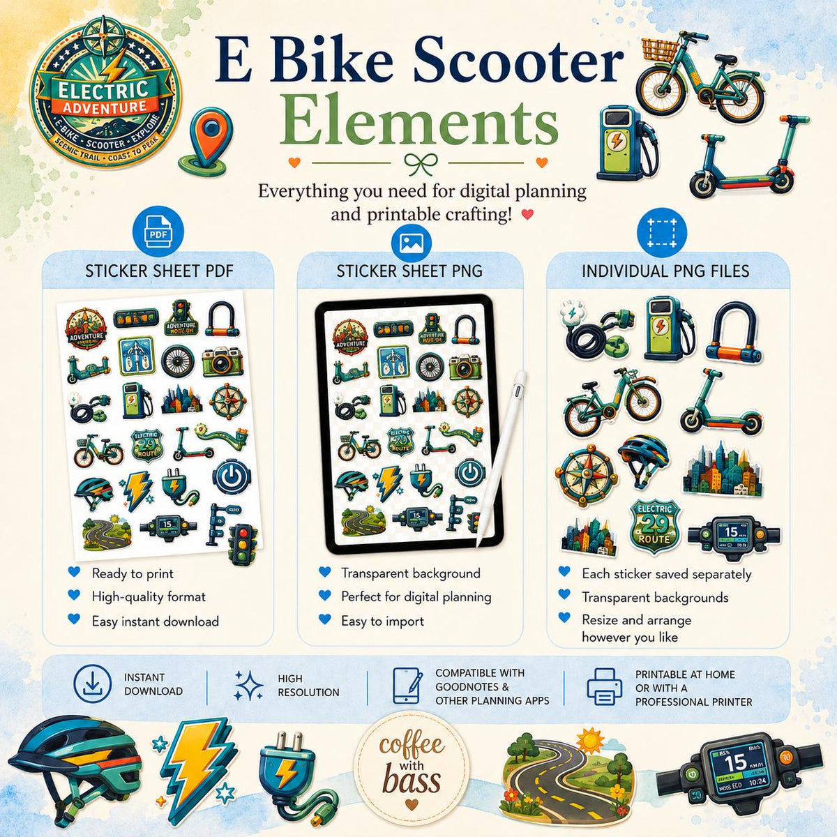 E Bike Scooter Elements PNG Clipart | Electric Mobility Planner Stickers (Digital Download)