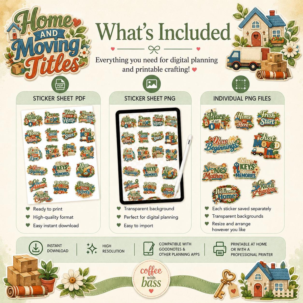 New Home Moving Planner Stickers | Digital Download, PNG, PDF (Commercial Use)