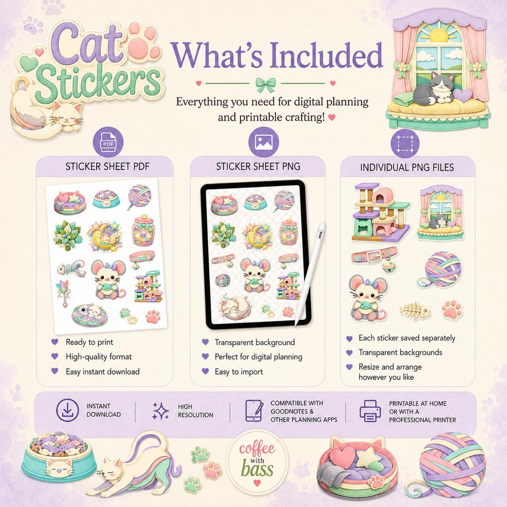 Printable Cat Stickers, Planner Journal Decor, Feline Designs (PNG, PDF)