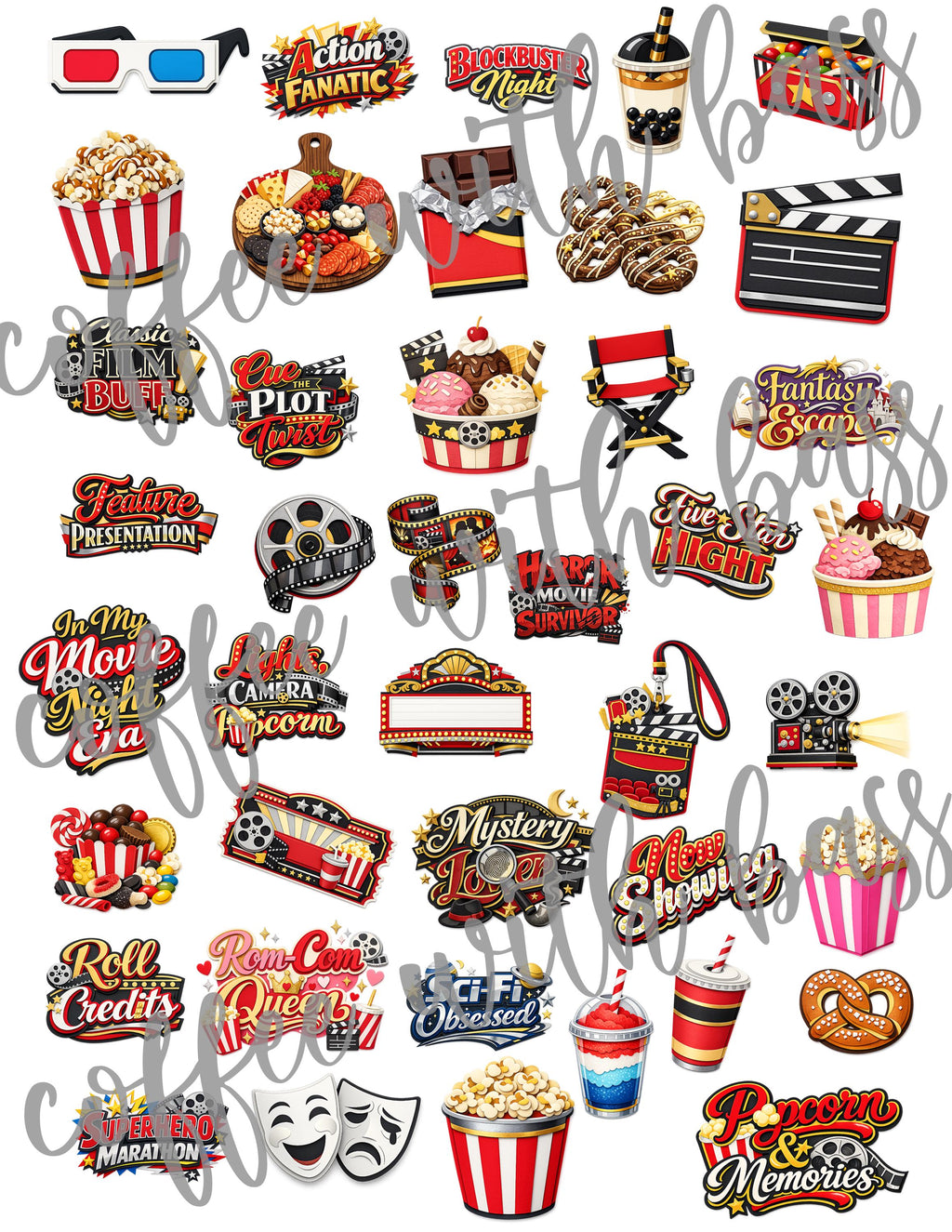 Movie Night Clipart PNG Bundle | 24 Elements, 17 Word Art Titles (Digital Download)