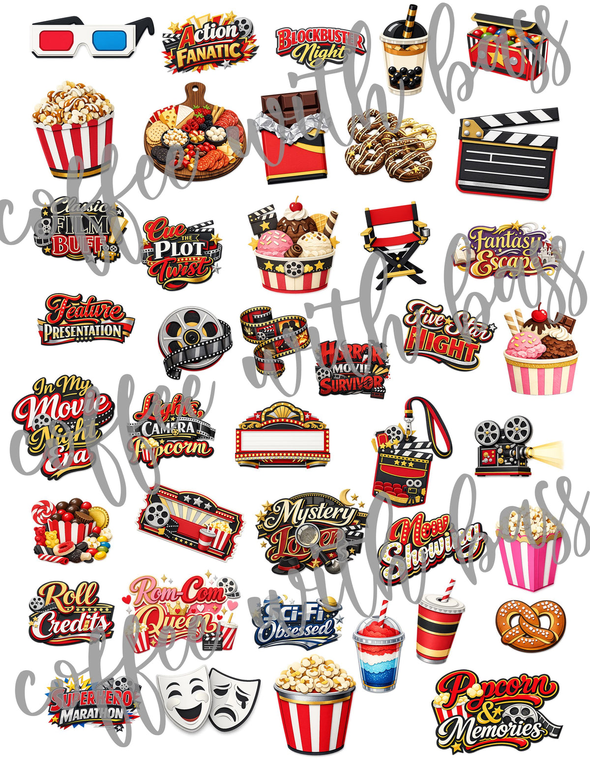 Movie Night Clipart PNG Bundle | 24 Elements, 17 Word Art Titles (Digital Download)