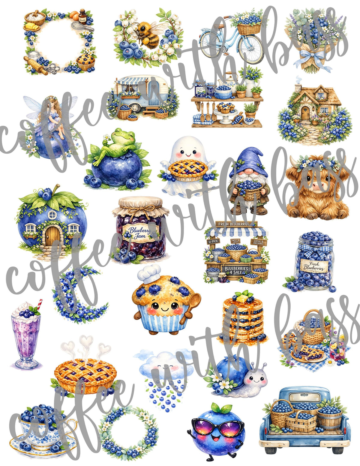 Blueberry Cottage Watercolor Stickers | 30 PNG Files (Digital Download)