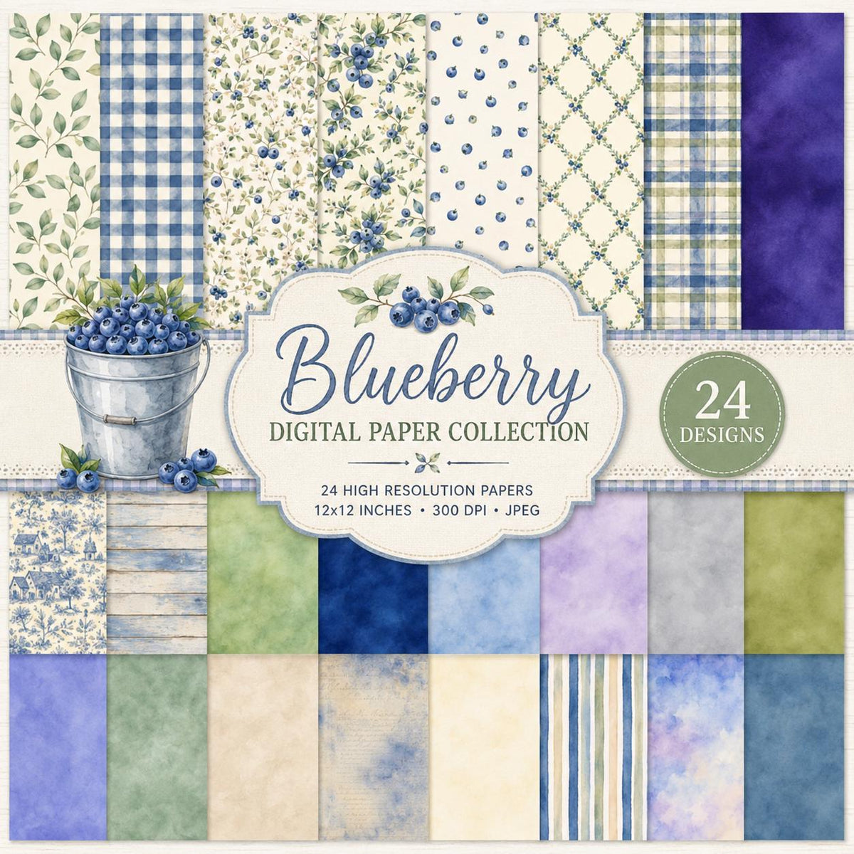Blueberry Cottage Watercolor Clipart Bundle | Digital Papers, Word Art (Commercial Use)