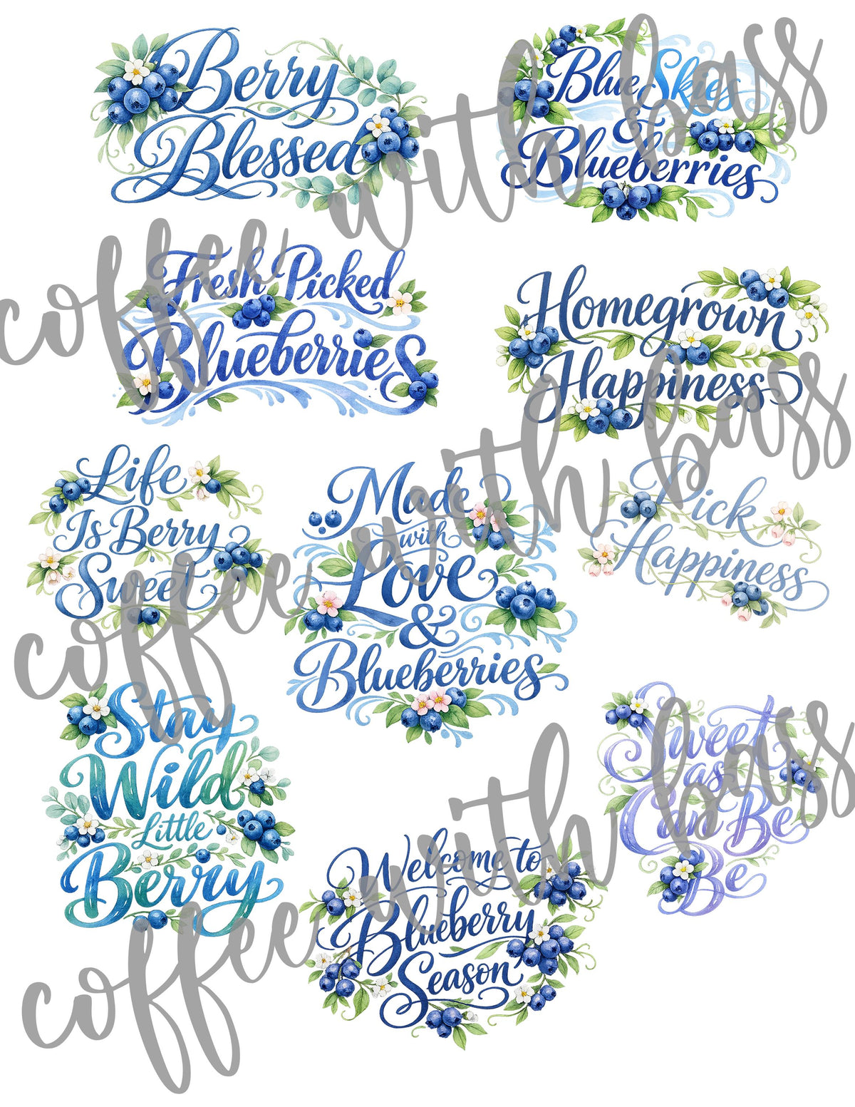 Blueberry Cottage Watercolor Clipart Bundle | Digital Papers, Word Art (Commercial Use)
