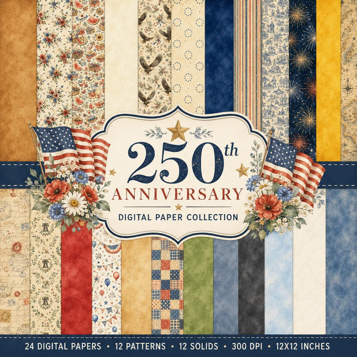 America 250 Heritage Collection | Vintage Watercolor Digital Scrapbook Kit (PNG/JPEG)