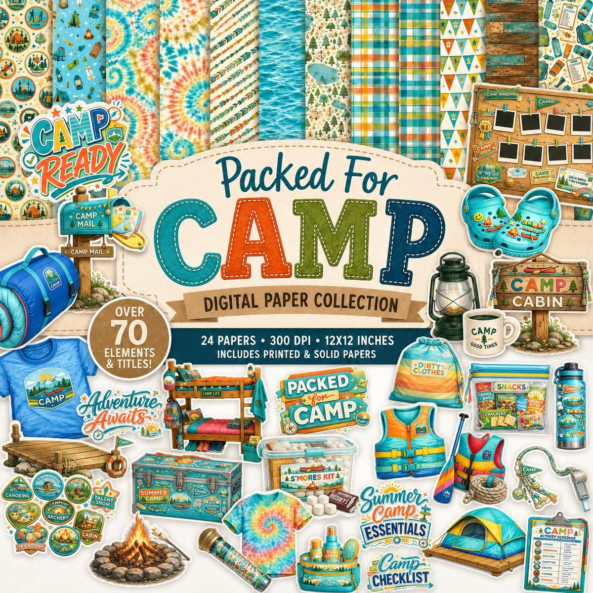 Camp Digital Paper Collection | Summer Camping Elements & Titles (Digital Download)