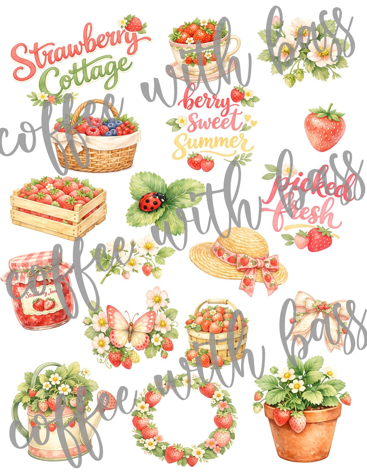 Strawberry Cottage Digital Scrapbook Papers & Clipart Elements (Digital Download)