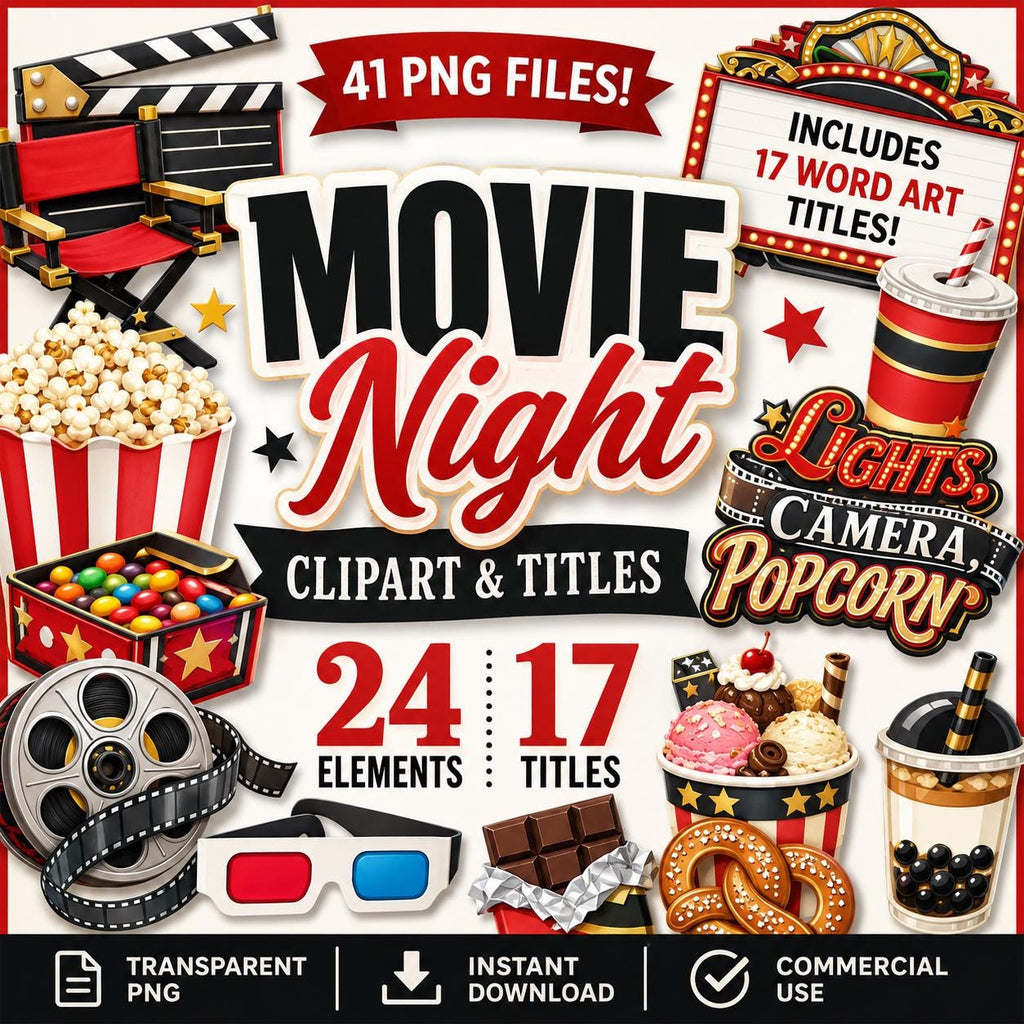 Movie Night Clipart PNG Bundle | 24 Elements, 17 Word Art Titles (Digital Download)