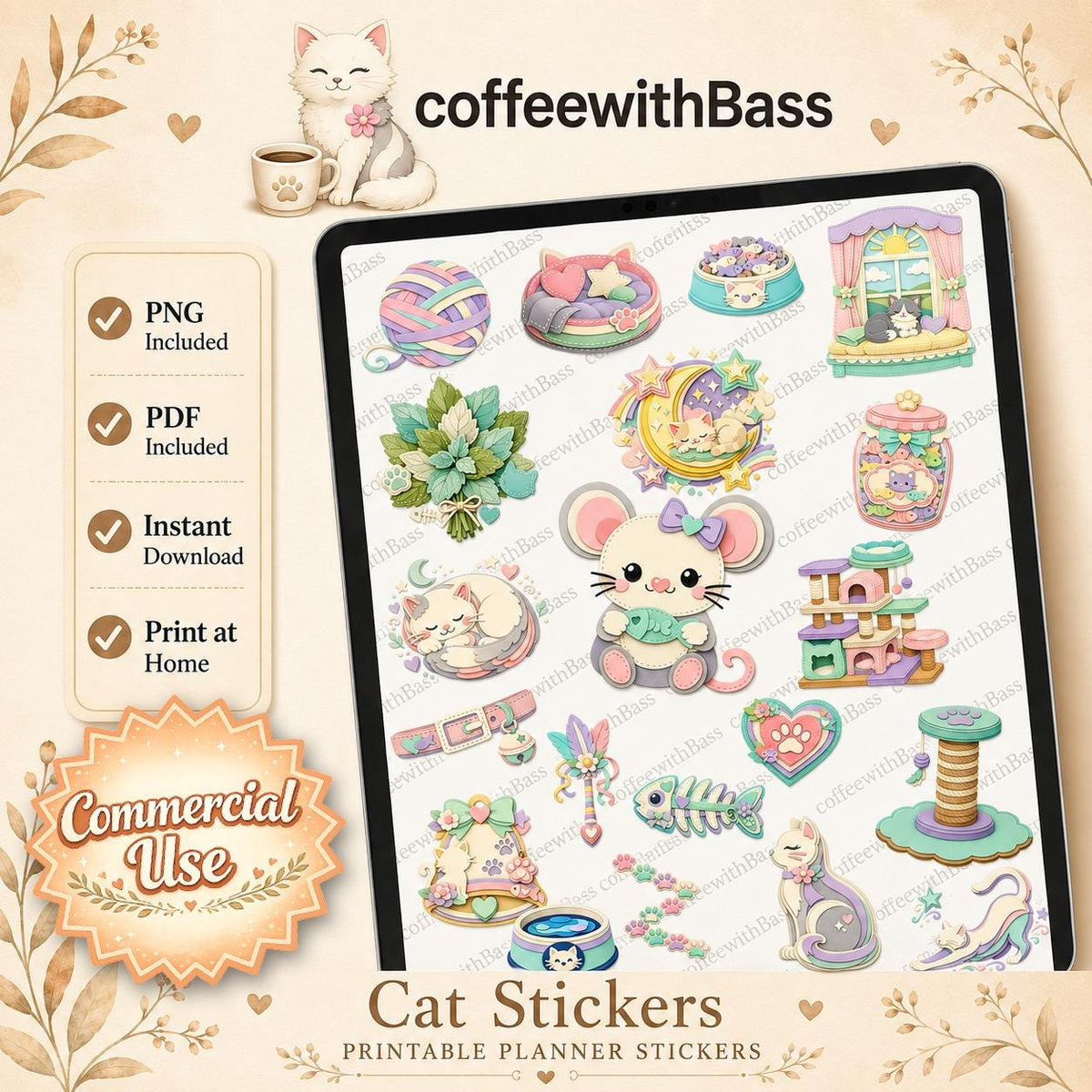 Printable Cat Stickers, Planner Journal Decor, Feline Designs (PNG, PDF)