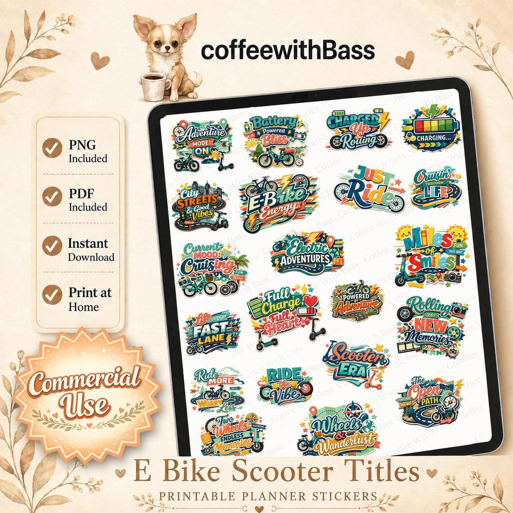 E Bike Scooter Title Stickers | PNG, PDF Digital Download (Commercial Use)