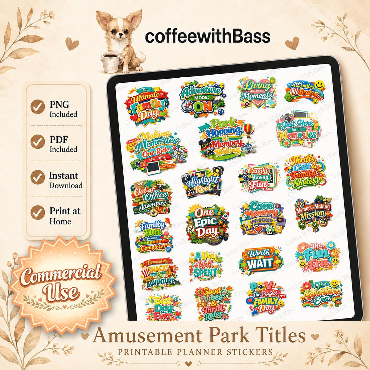 Amusement Park Titles PNG Bundle | Family Vacation Planner Stickers (Digital Download)