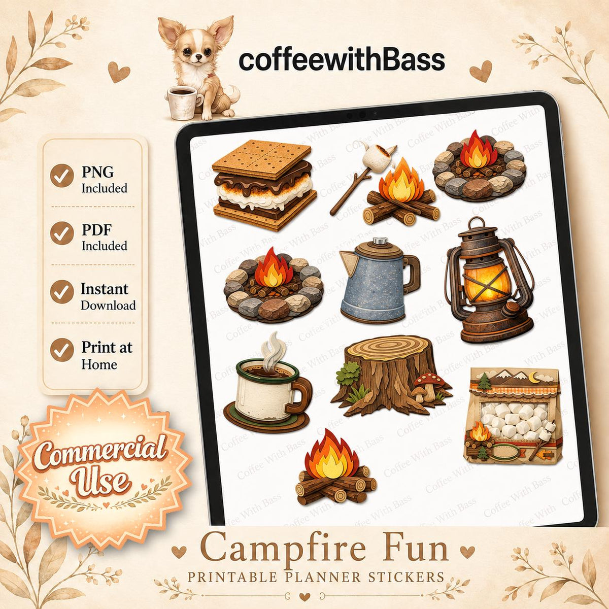 Campfire Planner Stickers Bundle | S'mores, Lantern, Coffee Mug (PNG, PDF)