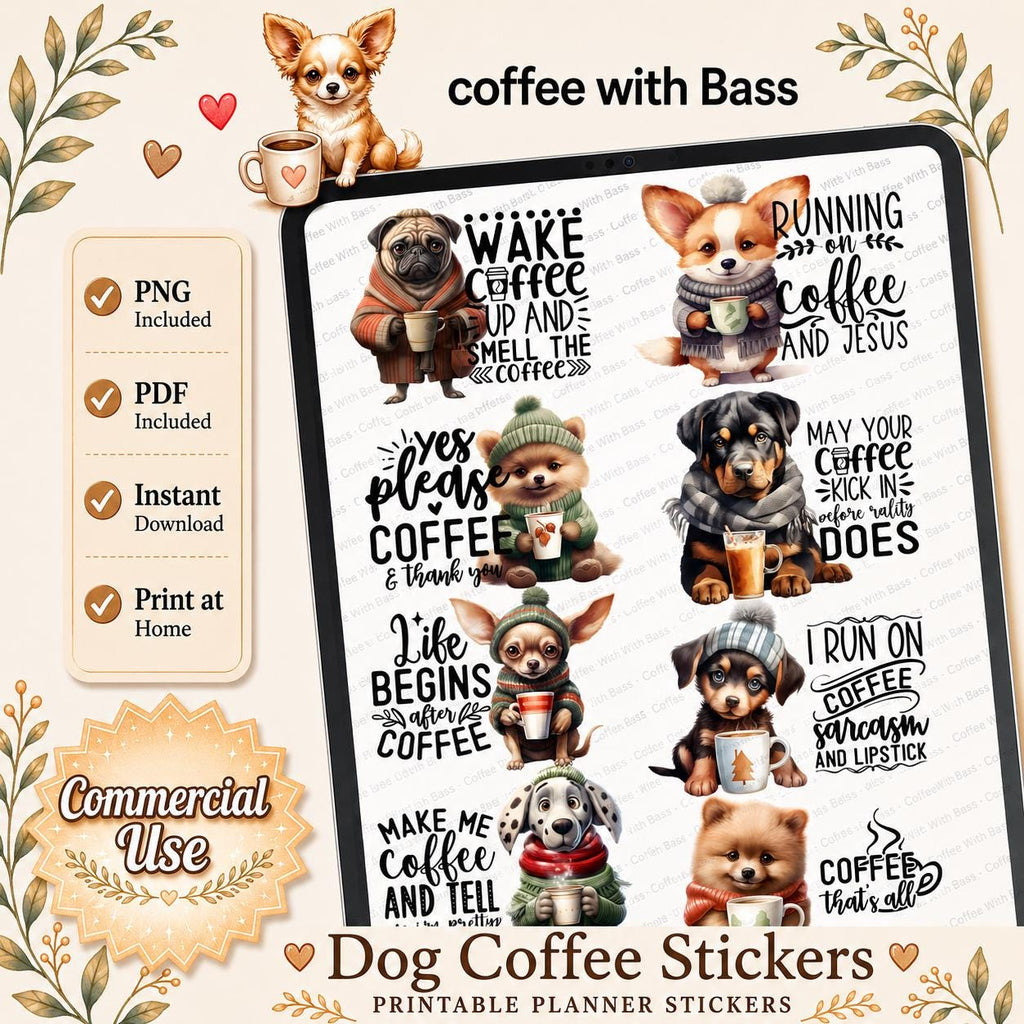 Dog Coffee Christmas Stickers, Goodnotes PNG (Digital Download) | Commercial Use