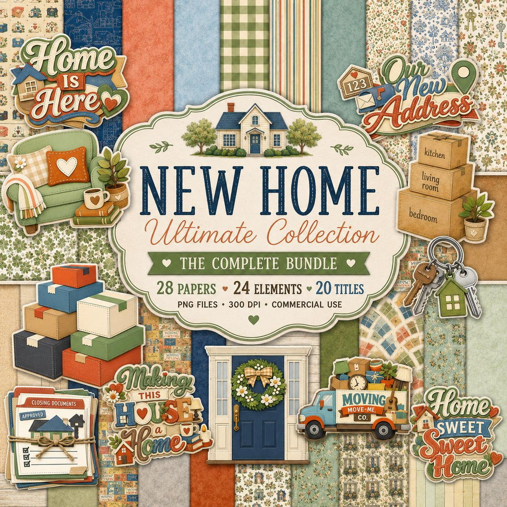 New Home Digital Scrapbook Kit, Watercolor Farmhouse Papers, Housewarming PNG Elements (Digital Download)