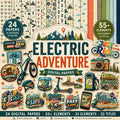 Electric Adventure Digital Scrapbook Kit | Retro Watercolor E-Bike, Scooter Papers, Elements (Digital Download)