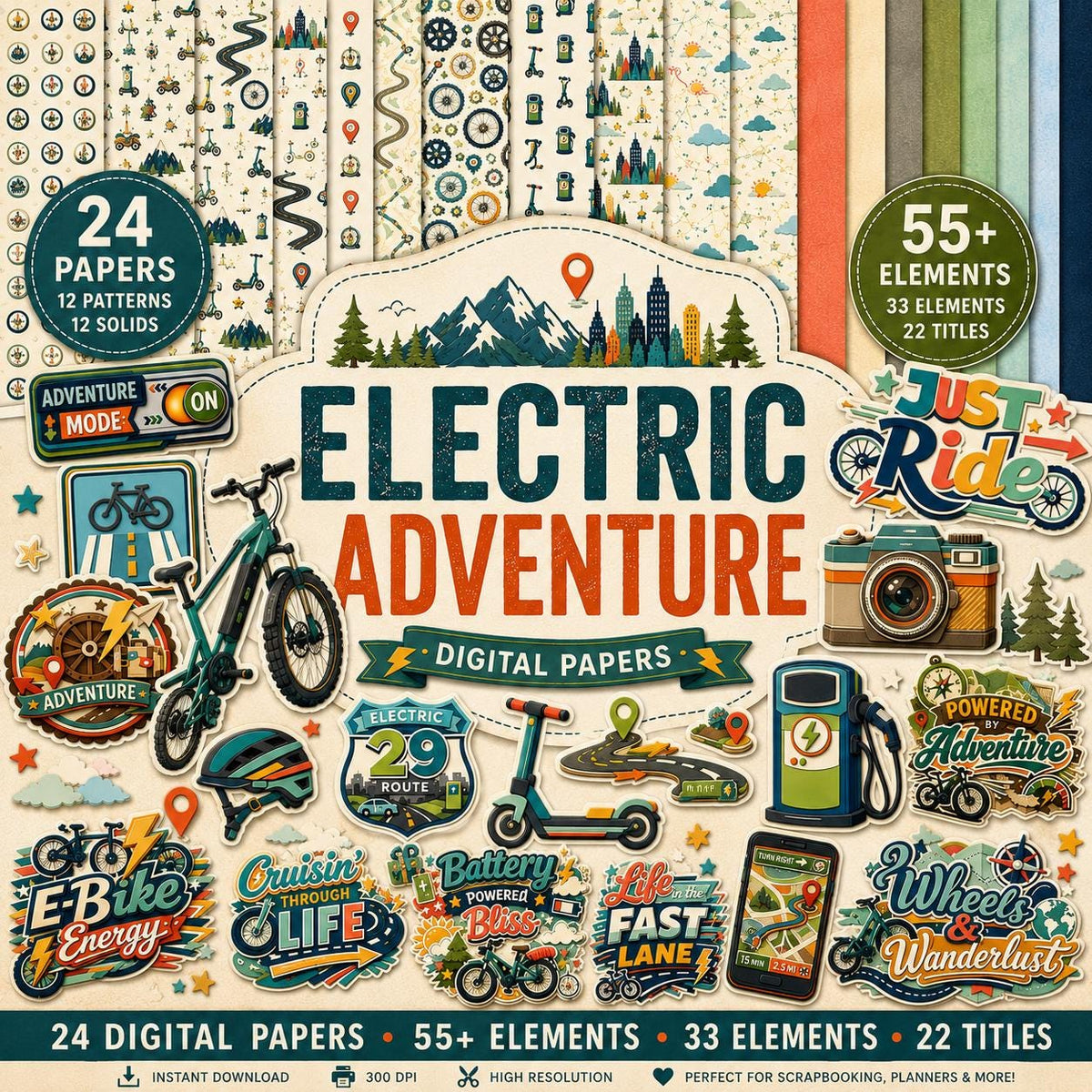 Electric Adventure Digital Scrapbook Kit | Retro Watercolor E-Bike, Scooter Papers, Elements (Digital Download)