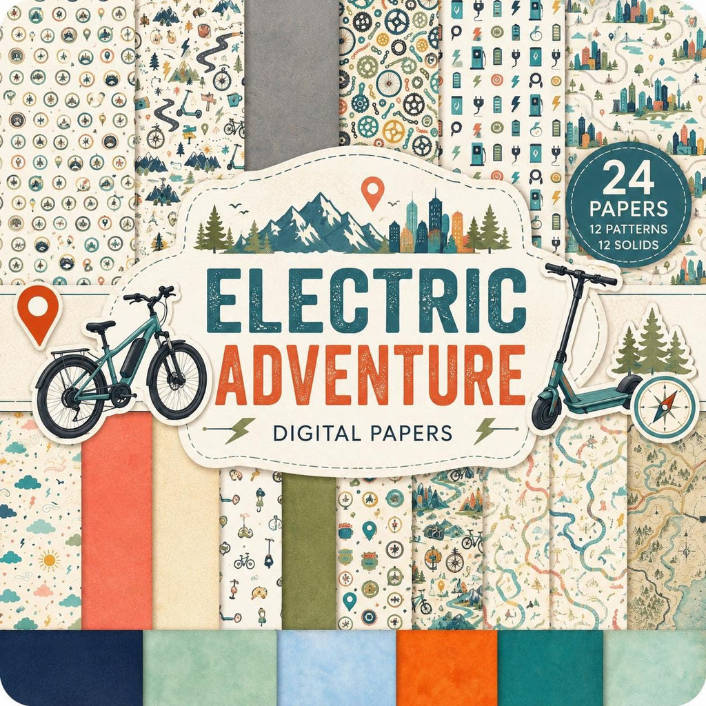 Electric Adventure Digital Scrapbook Kit | Retro Watercolor E-Bike, Scooter Papers, Elements (Digital Download)
