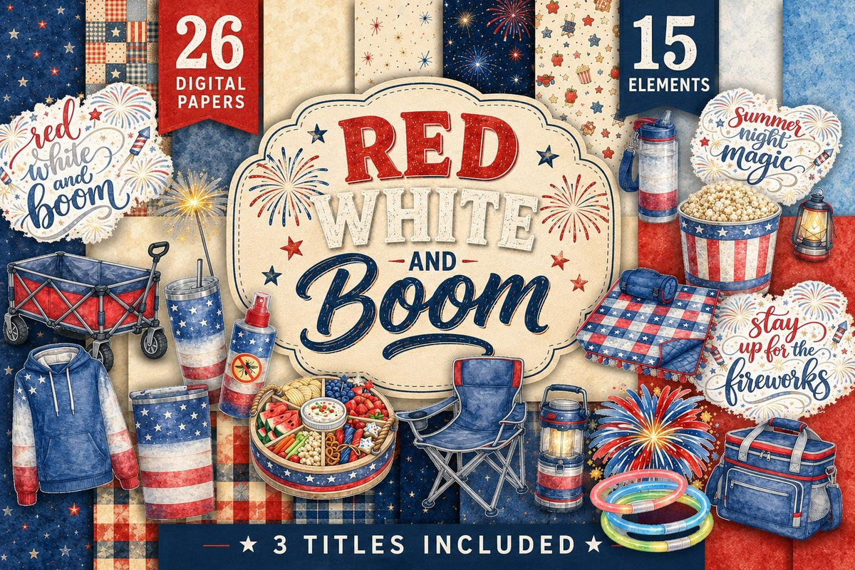 Red White Boom Scrapbook Kit | Patriotic Watercolor Papers, Elements (Digital Download)