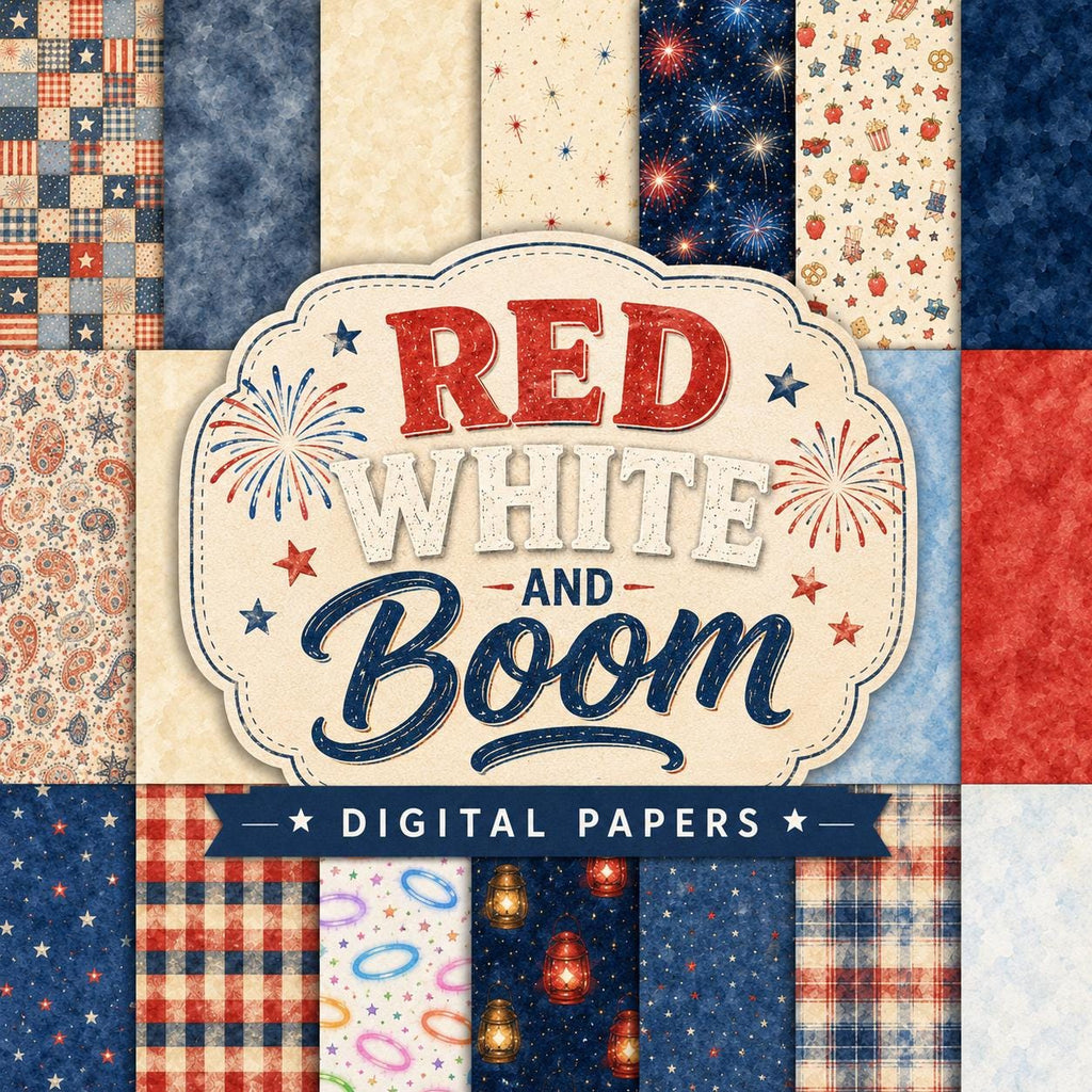 Red White Boom Scrapbook Kit | Patriotic Watercolor Papers, Elements (Digital Download)