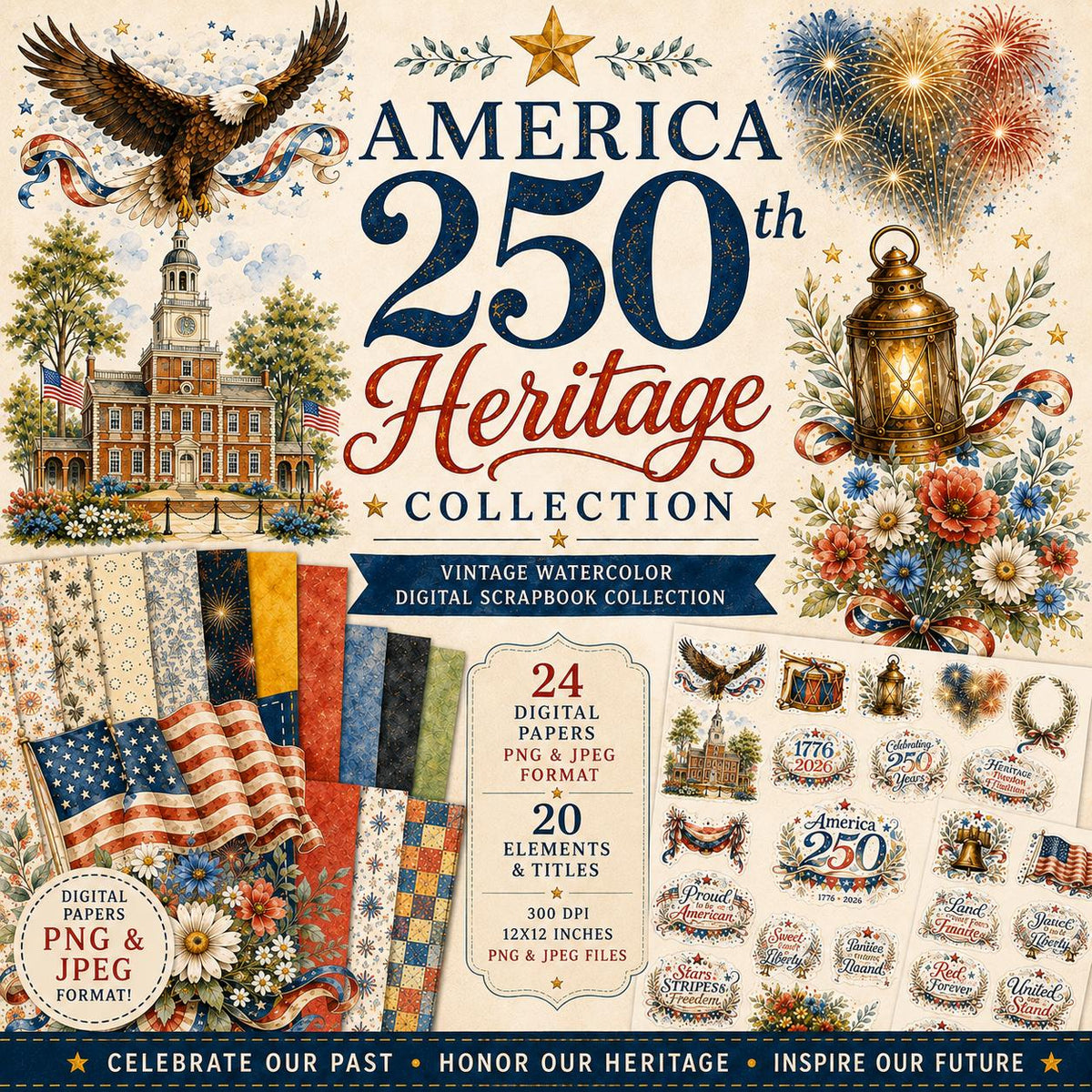 America 250 Heritage Collection | Vintage Watercolor Digital Scrapbook Kit (PNG/JPEG)