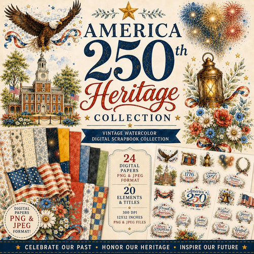America 250 Heritage Collection | Vintage Watercolor Digital Scrapbook Kit (PNG/JPEG)