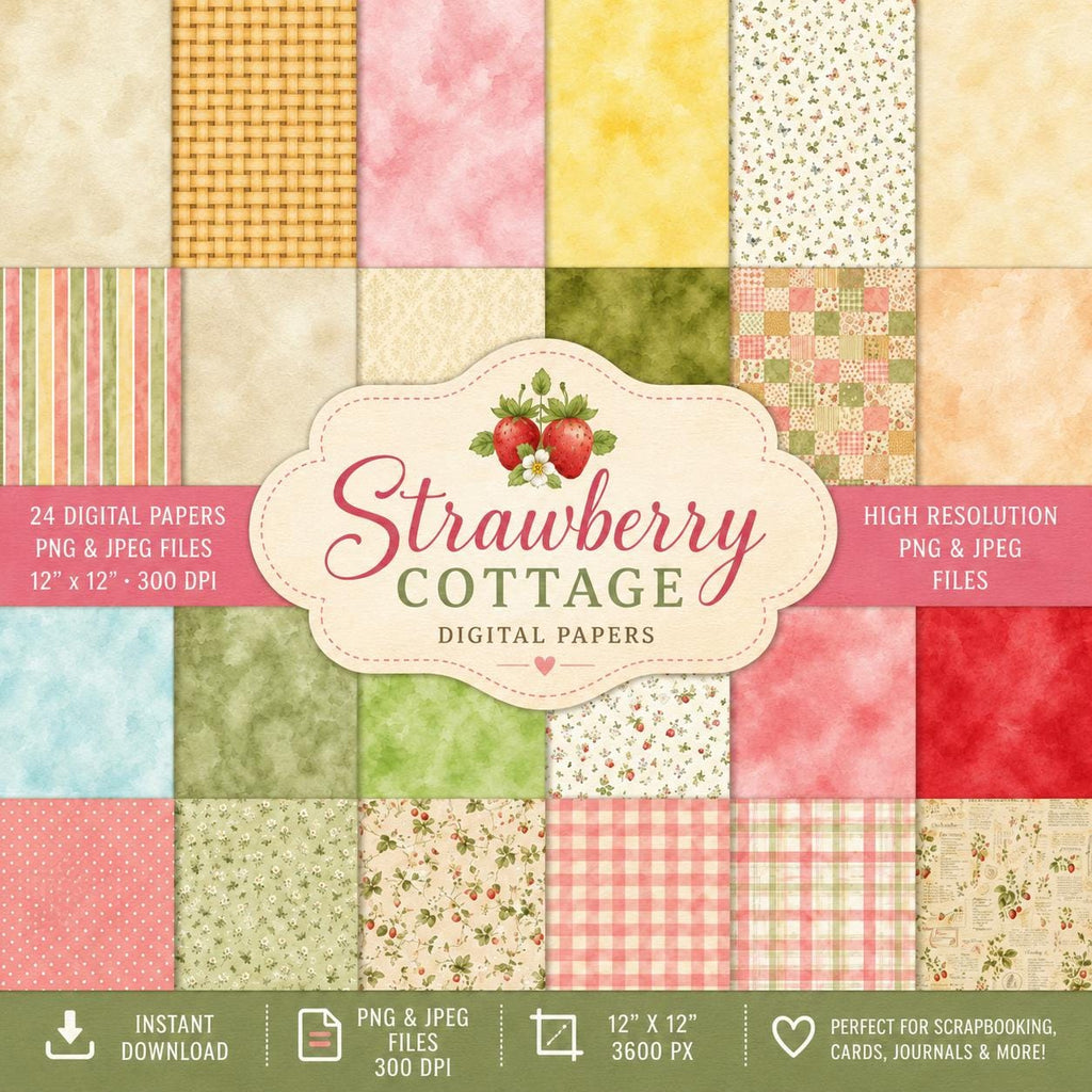 Strawberry Cottage Digital Scrapbook Papers & Clipart Elements (Digital Download)