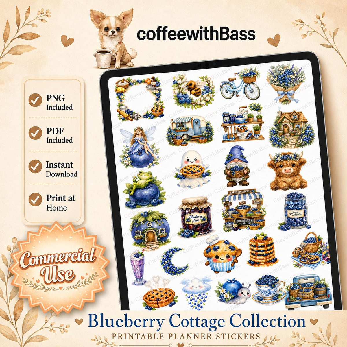 Blueberry Cottage Watercolor Stickers | 30 PNG Files (Digital Download)