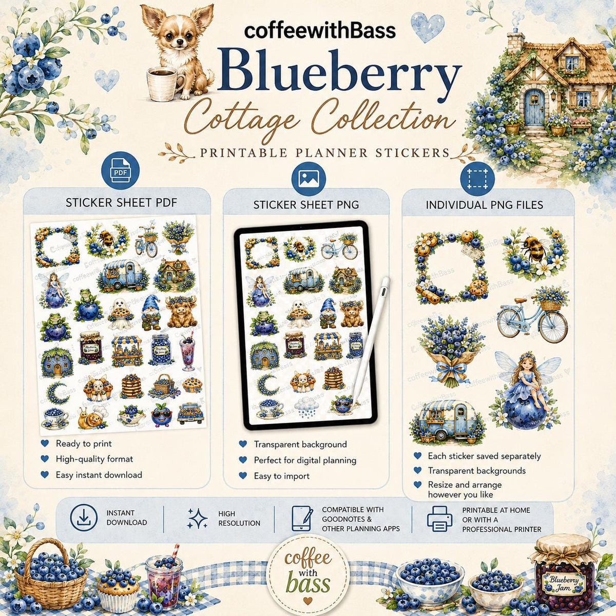 Blueberry Cottage Watercolor Stickers | 30 PNG Files (Digital Download)