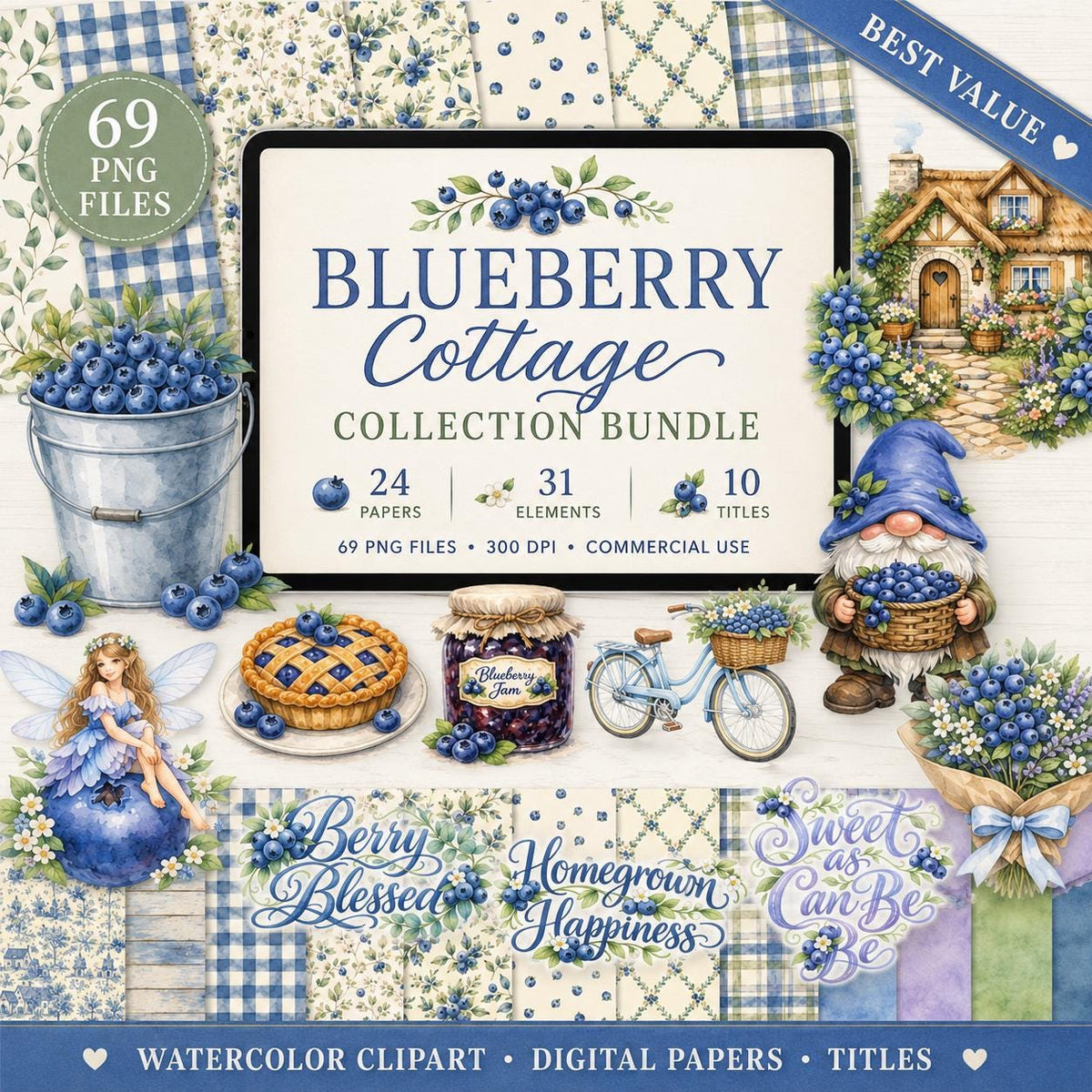 Blueberry Cottage Watercolor Clipart Bundle | Digital Papers, Word Art (Commercial Use)