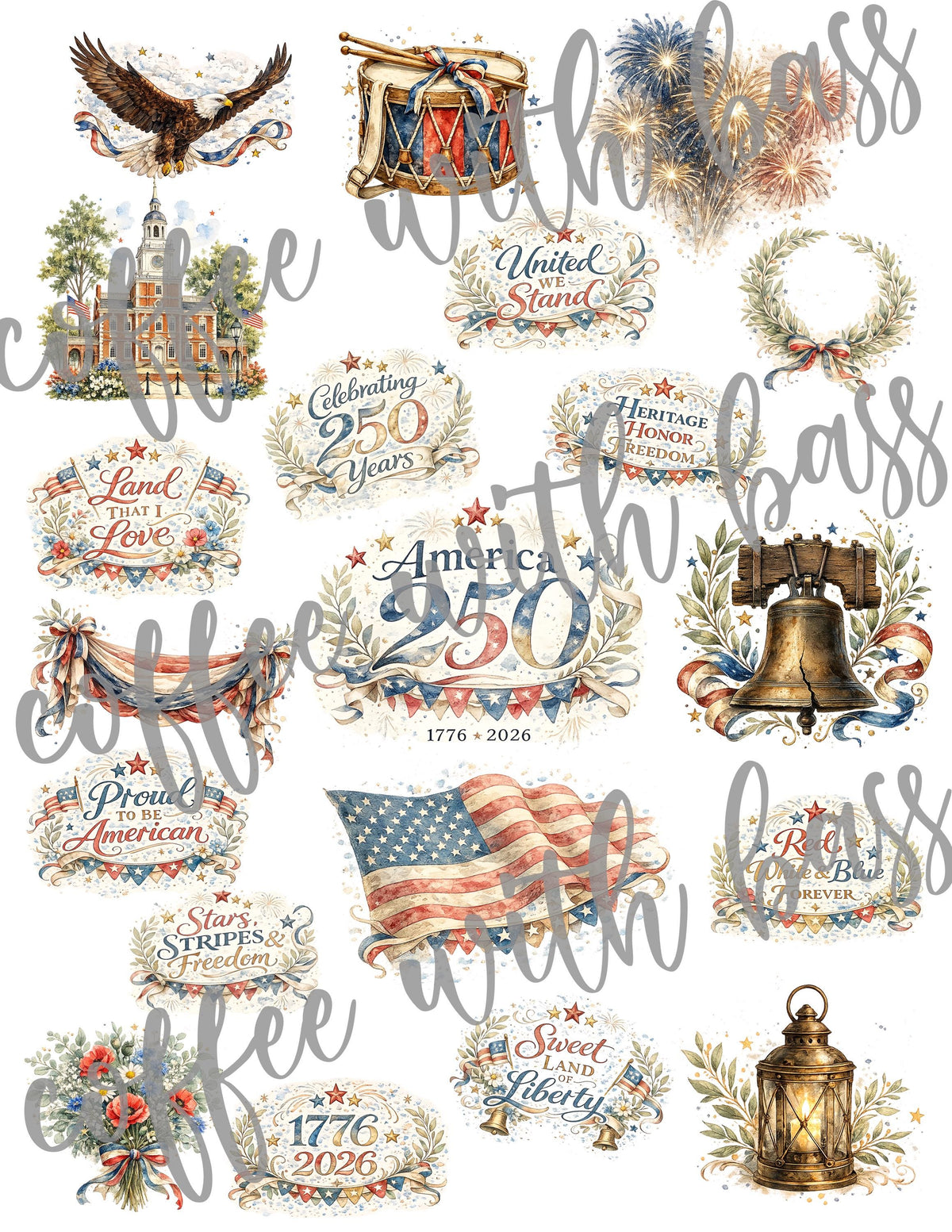 America 250 Heritage Collection | Vintage Watercolor Digital Scrapbook Kit (PNG/JPEG)