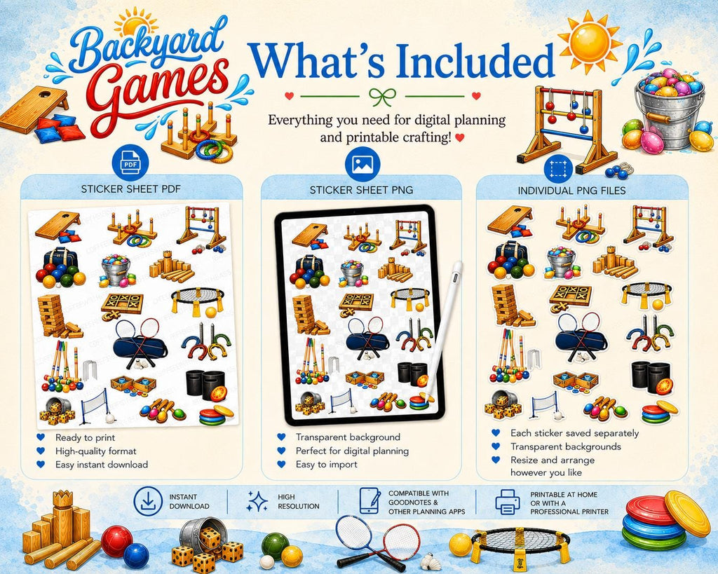 Backyard Games Planner Stickers | Summer Lawn Games Clipart (PNG, PDF Download)