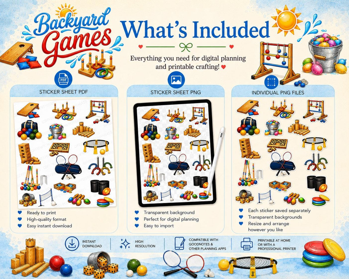 Backyard Games Planner Stickers | Summer Lawn Games Clipart (PNG, PDF Download)