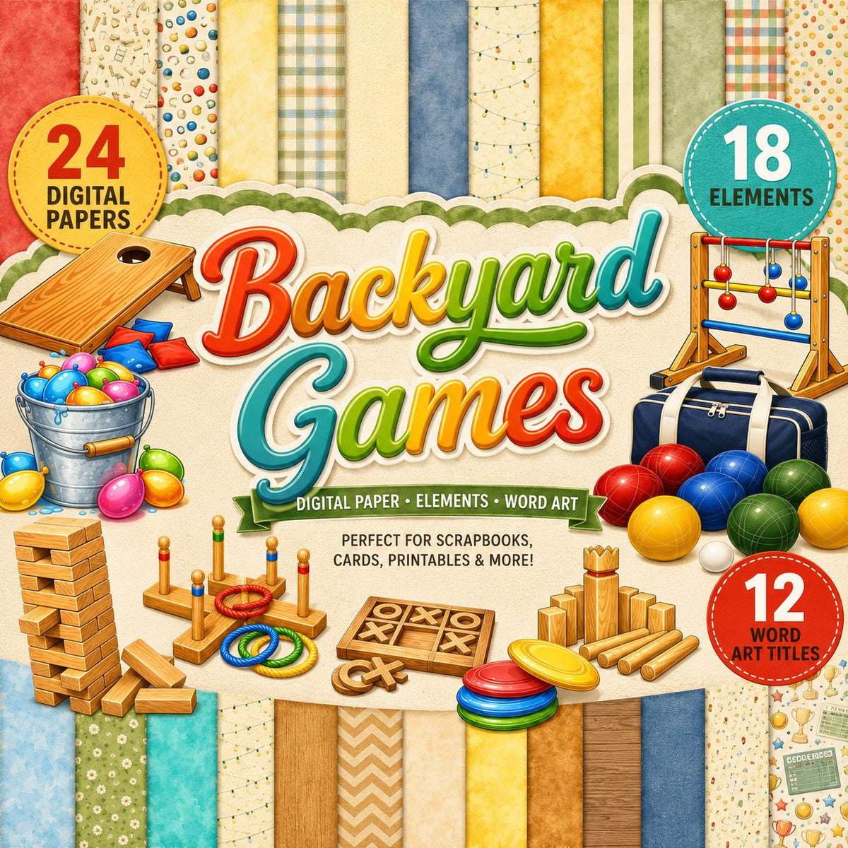 Backyard Games Digital Scrapbook Kit | Summer BBQ Clipart, Papers, Elements (Digital Download)