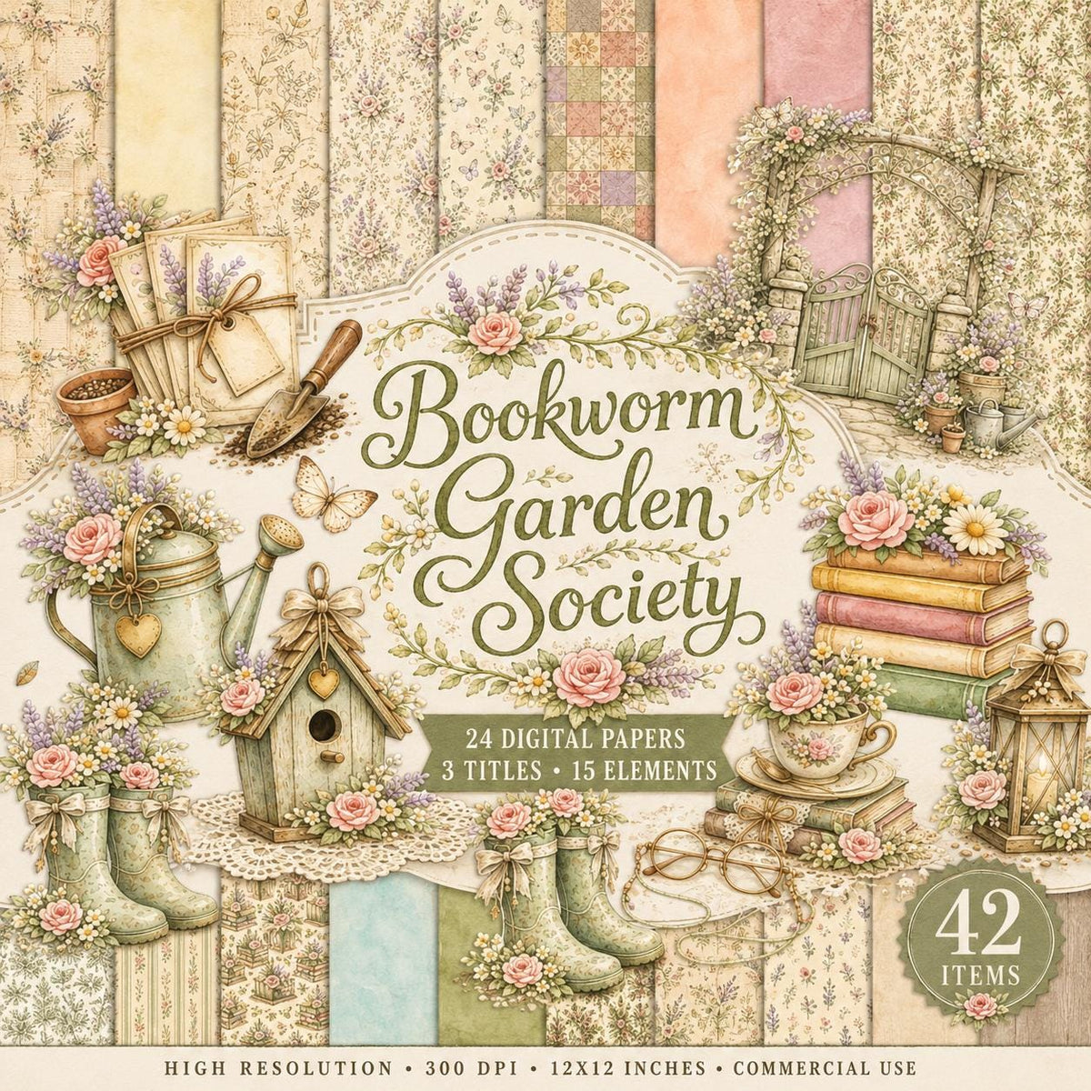 Bookworm Garden Society Digital Scrapbook Kit, Floral Vintage Clipart, Junk Journal Ephemera (Digital Download)