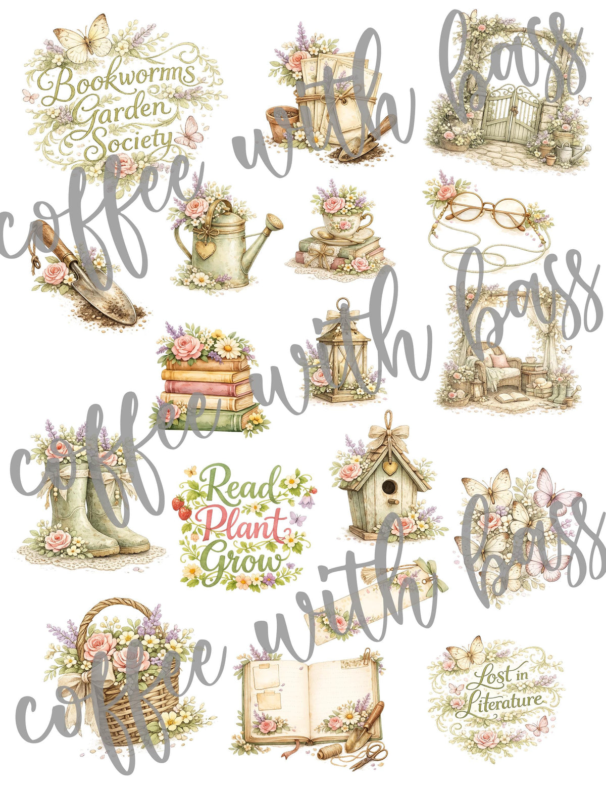 Bookworm Garden Society Digital Scrapbook Kit, Floral Vintage Clipart, Junk Journal Ephemera (Digital Download)