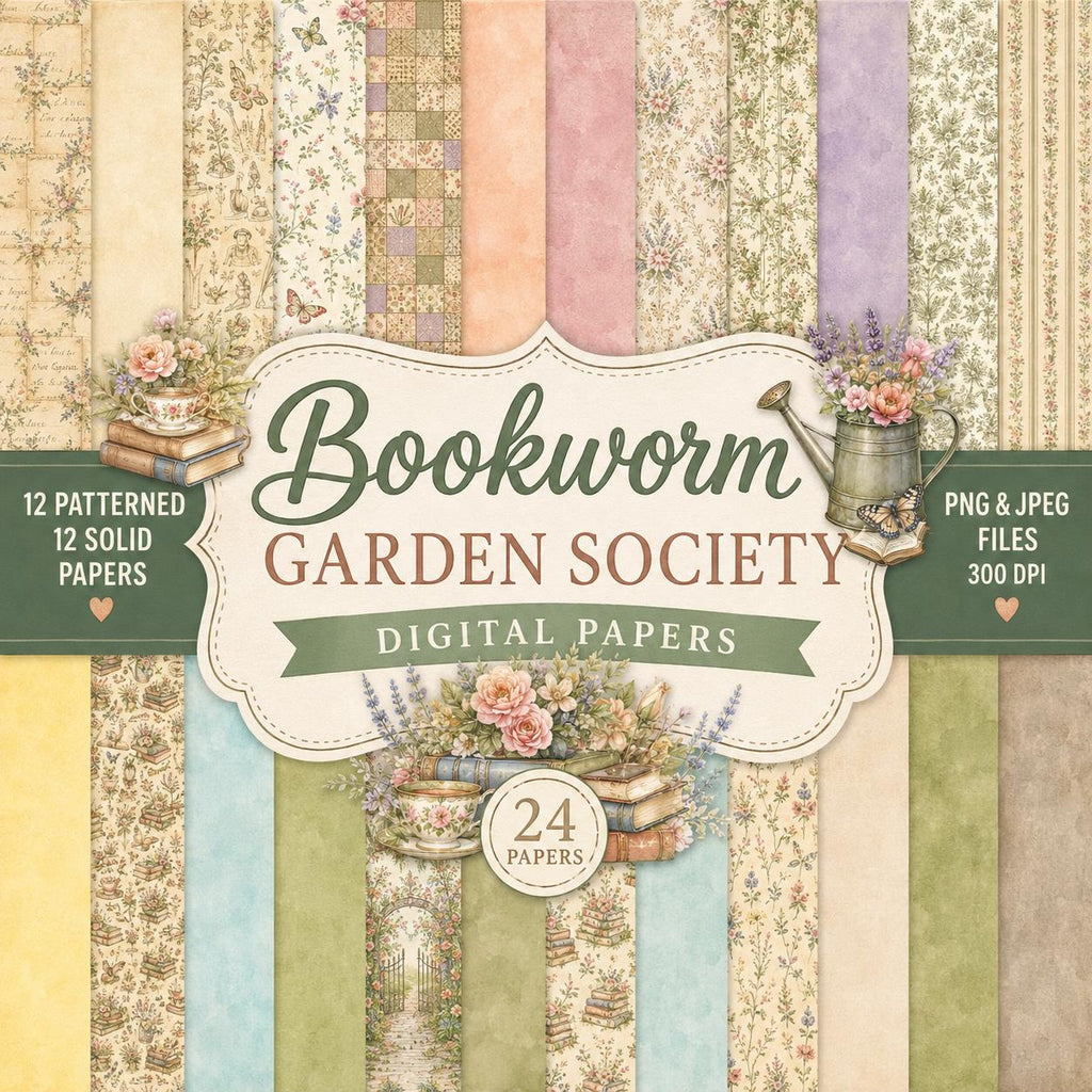 Bookworm Garden Society Digital Scrapbook Kit, Floral Vintage Clipart, Junk Journal Ephemera (Digital Download)