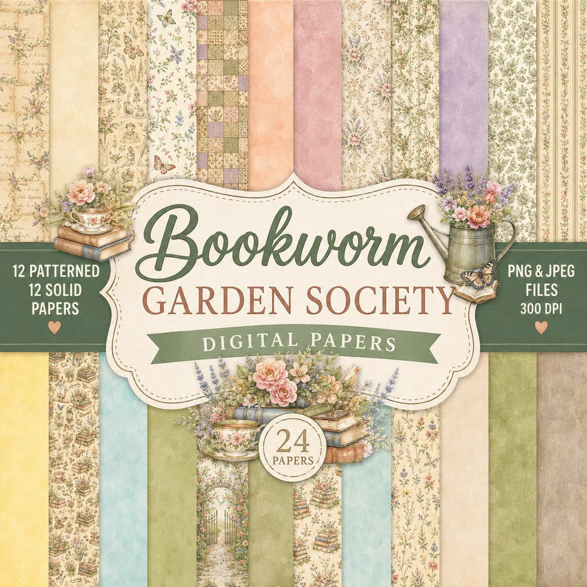 Bookworm Garden Society Digital Scrapbook Kit, Floral Vintage Clipart, Junk Journal Ephemera (Digital Download)