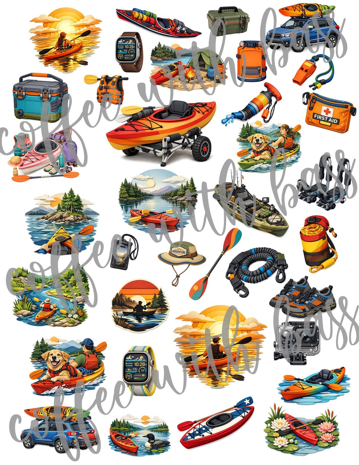 Paddle Happy Digital Scrapbook Kit | Kayaking, Camping Papers, Stickers (Digital Download)