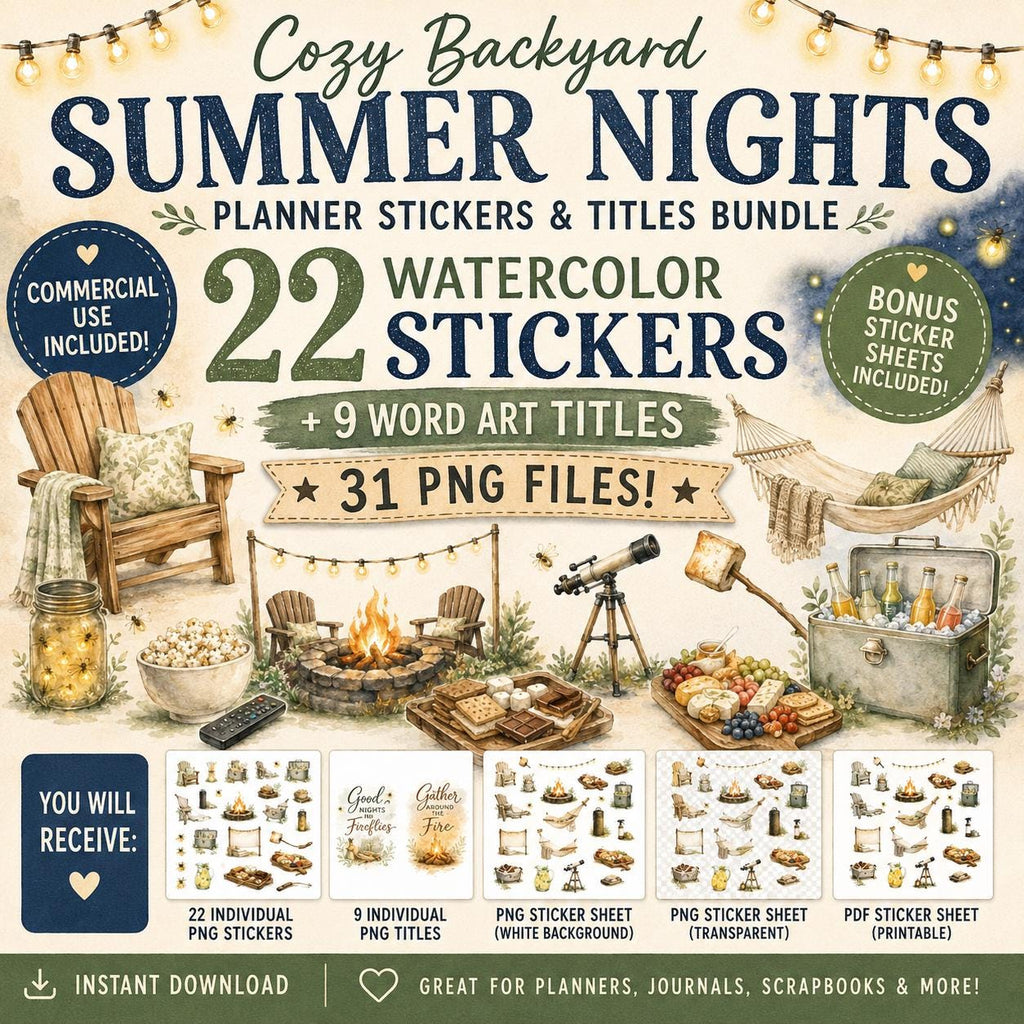 Cozy Backyard Summer Nights Watercolor Stickers | Fireflies, Campfire PNG Bundle (Digital Download)