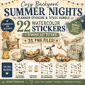 Cozy Backyard Summer Nights Watercolor Stickers | Fireflies, Campfire PNG Bundle (Digital Download)