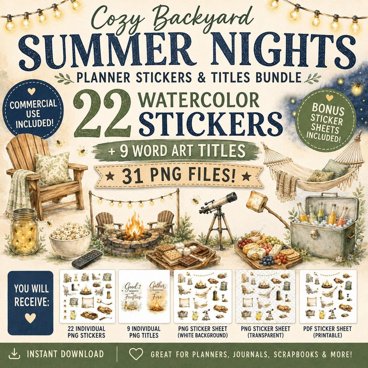 Cozy Backyard Summer Nights Watercolor Stickers | Fireflies, Campfire PNG Bundle (Digital Download)