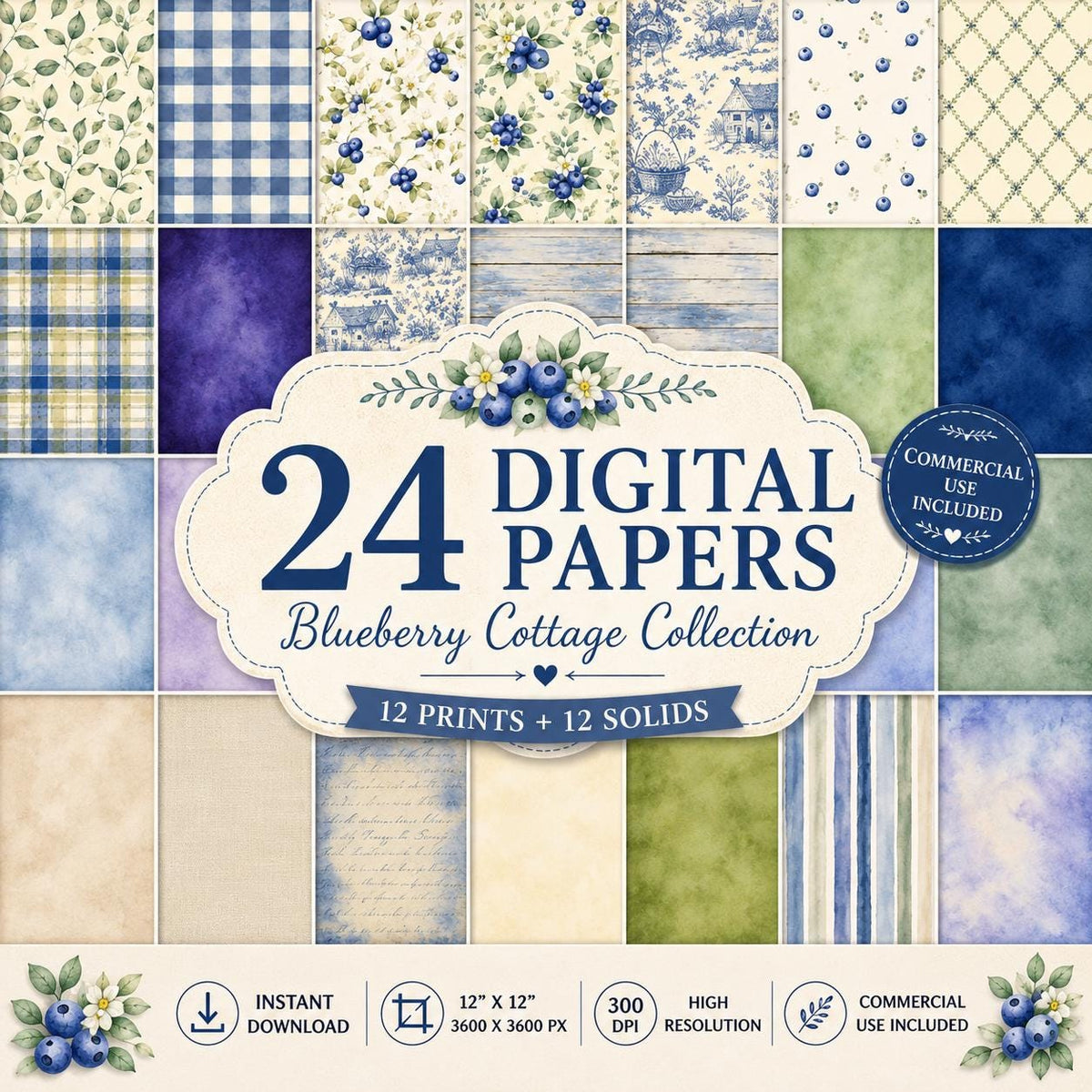 Blueberry Cottage Digital Paper Pack | Watercolor Scrapbook Papers (Digital Download)