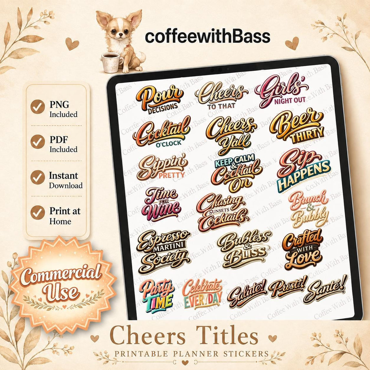Cheers Scrapbook Titles | 20 Cocktail Word Art Titles | PNG & PDF | Printable Scrapbook Titles | Commercial Use | Instant Download
