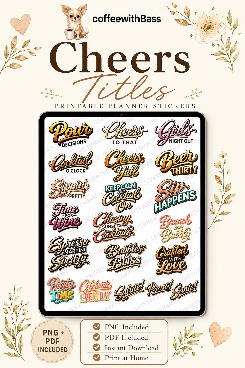 Cheers Scrapbook Titles | 20 Cocktail Word Art Titles | PNG & PDF | Printable Scrapbook Titles | Commercial Use | Instant Download