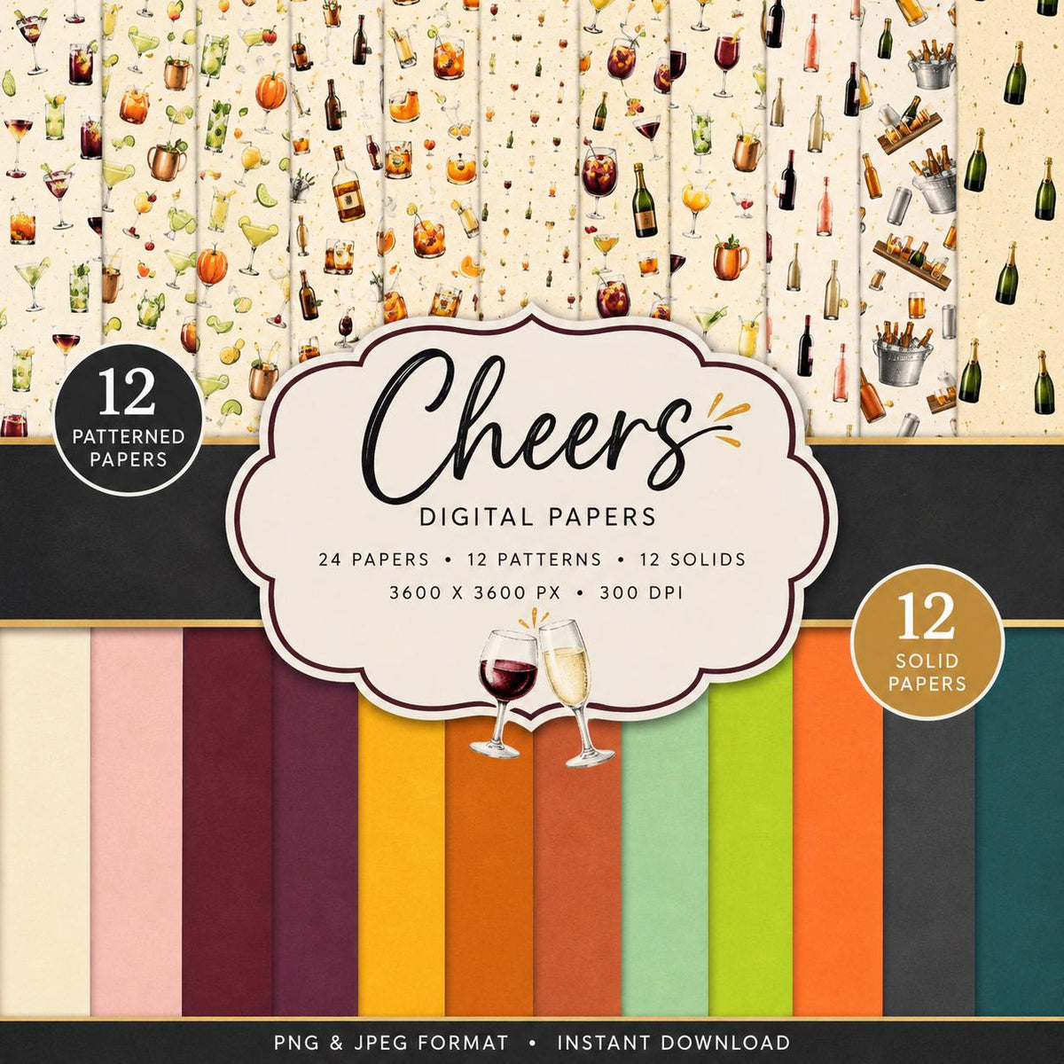 Cheers Digital Scrapbook Kit | Cocktail, Wine and Beer Scrapbook Bundle | 19 Elements, 24 Papers and 20 Titles | PNG and PDF