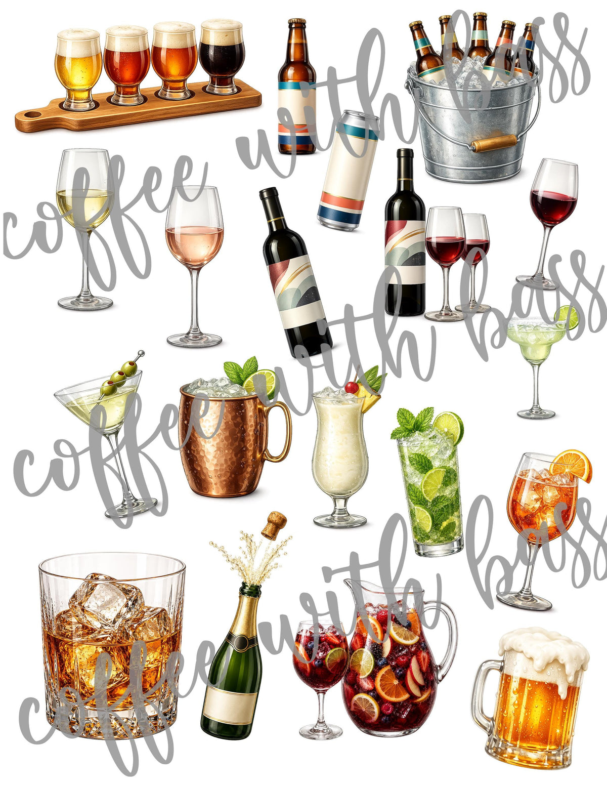 Cheers Digital Scrapbook Kit | Cocktail, Wine and Beer Scrapbook Bundle | 19 Elements, 24 Papers and 20 Titles | PNG and PDF