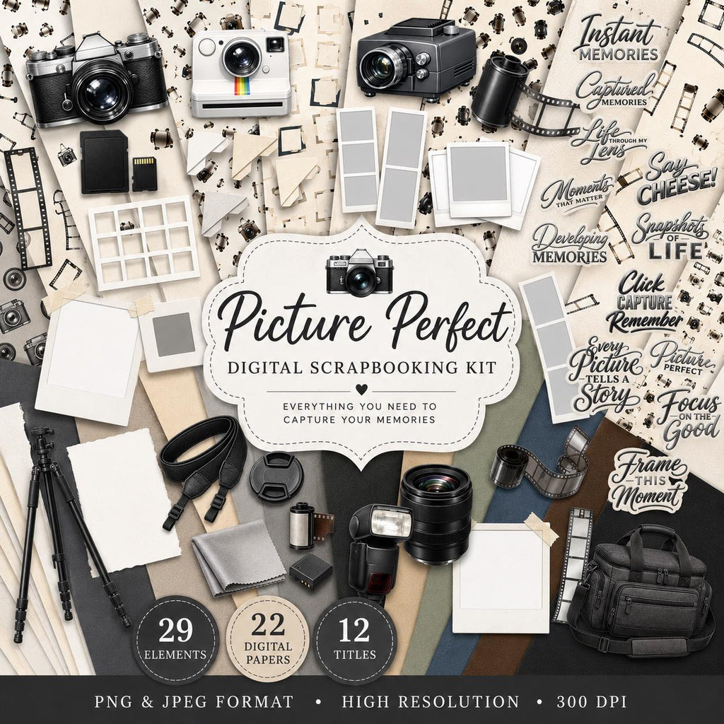 Picture Perfect Bundle | Photography Scrapbook Kit | 29 Elements 22 Papers 12 Titles | PNG JPG PDF | Commercial Use