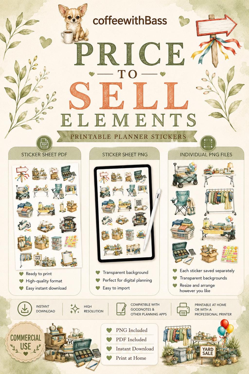 Priced to Sell Watercolor Yard Sale Clipart Bundle | 25 PNG Elements | Commercial Use | Printable Planner Stickers | Junk Journal |Scrapbook