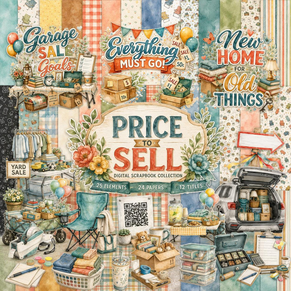 Priced to Sell Digital Scrapbook Collection | 25 png Elements, 24 PNG & JPEG Papers, 12 PNG Titles | Commercial Use